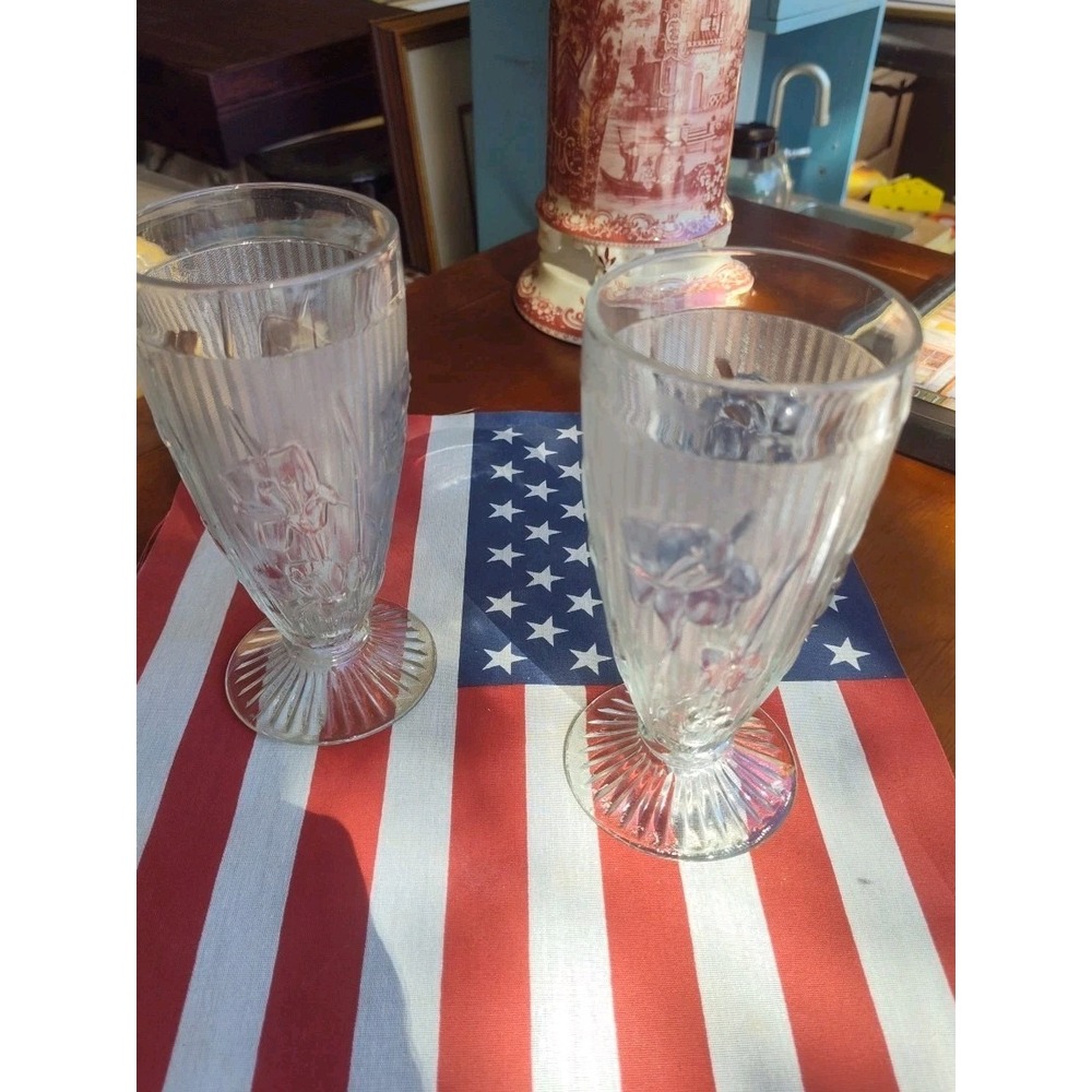 (2) Jeannette Glass IRIS and HERRINGBONE Crystal 6" Footed‎ Iced Tea Tumblers